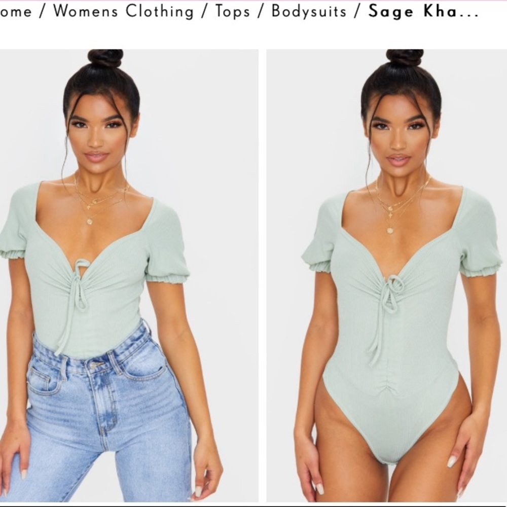PrettyLittleThing Sage Khaki Rib Ruched Front Short Sleeve Bodysuit - Picture 2 of 2